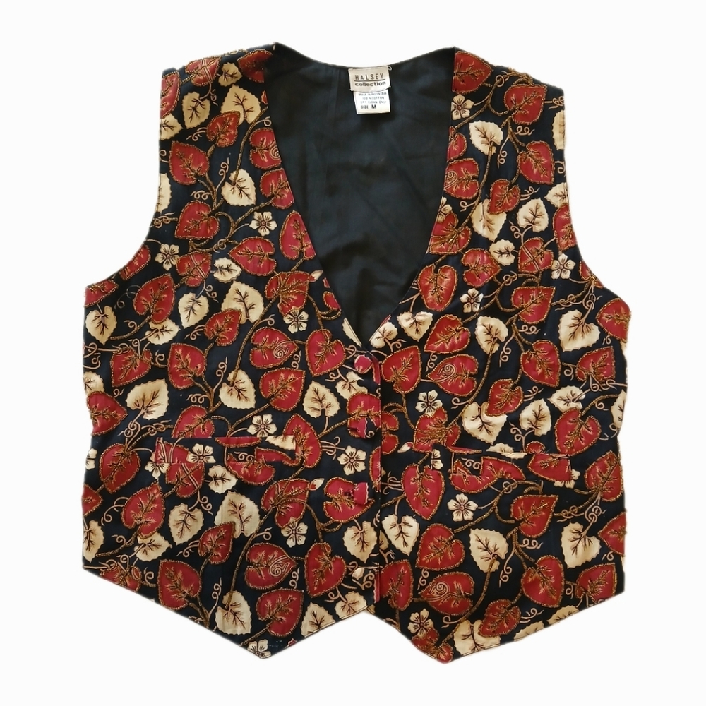 Halsey Size Medium 90s Beaded Leaf Pattern Button Vest